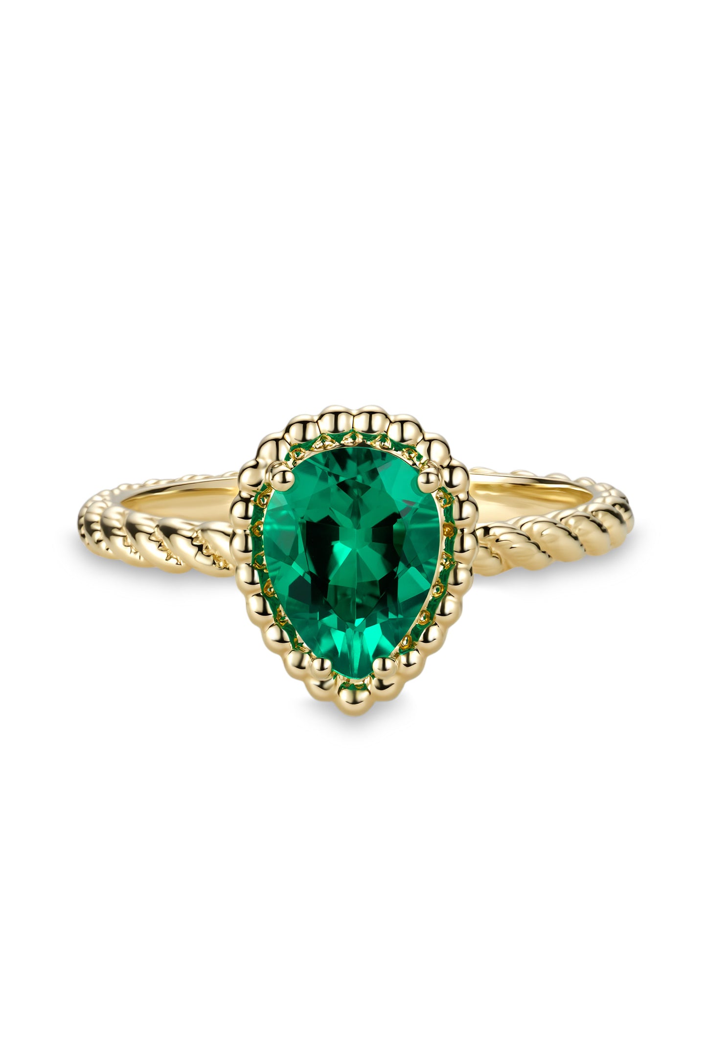 9K anillo color oro amarillo, con 1 esmeralda cultivada incrustada