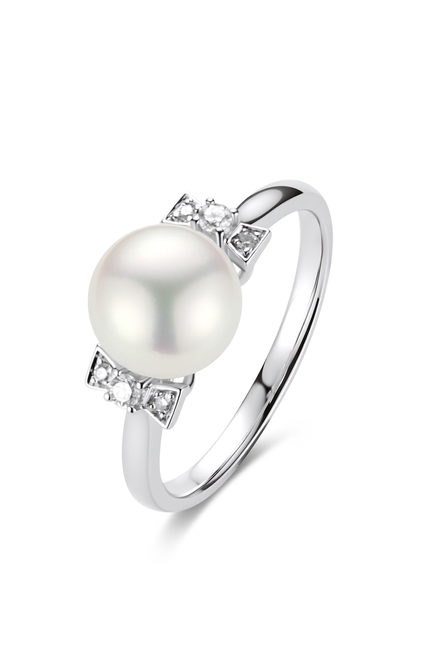 9K anillo de oro blanco, con perla Akoya de 3,7 mm y 6 brillantes diamantes