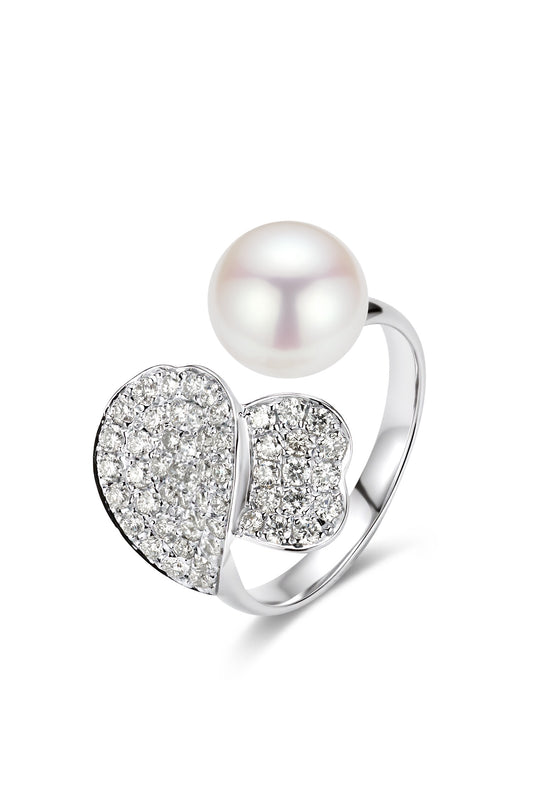 9K anillo de oro blanco, con perla Akoya de 3,9 mm y 56 brillantes diamantes