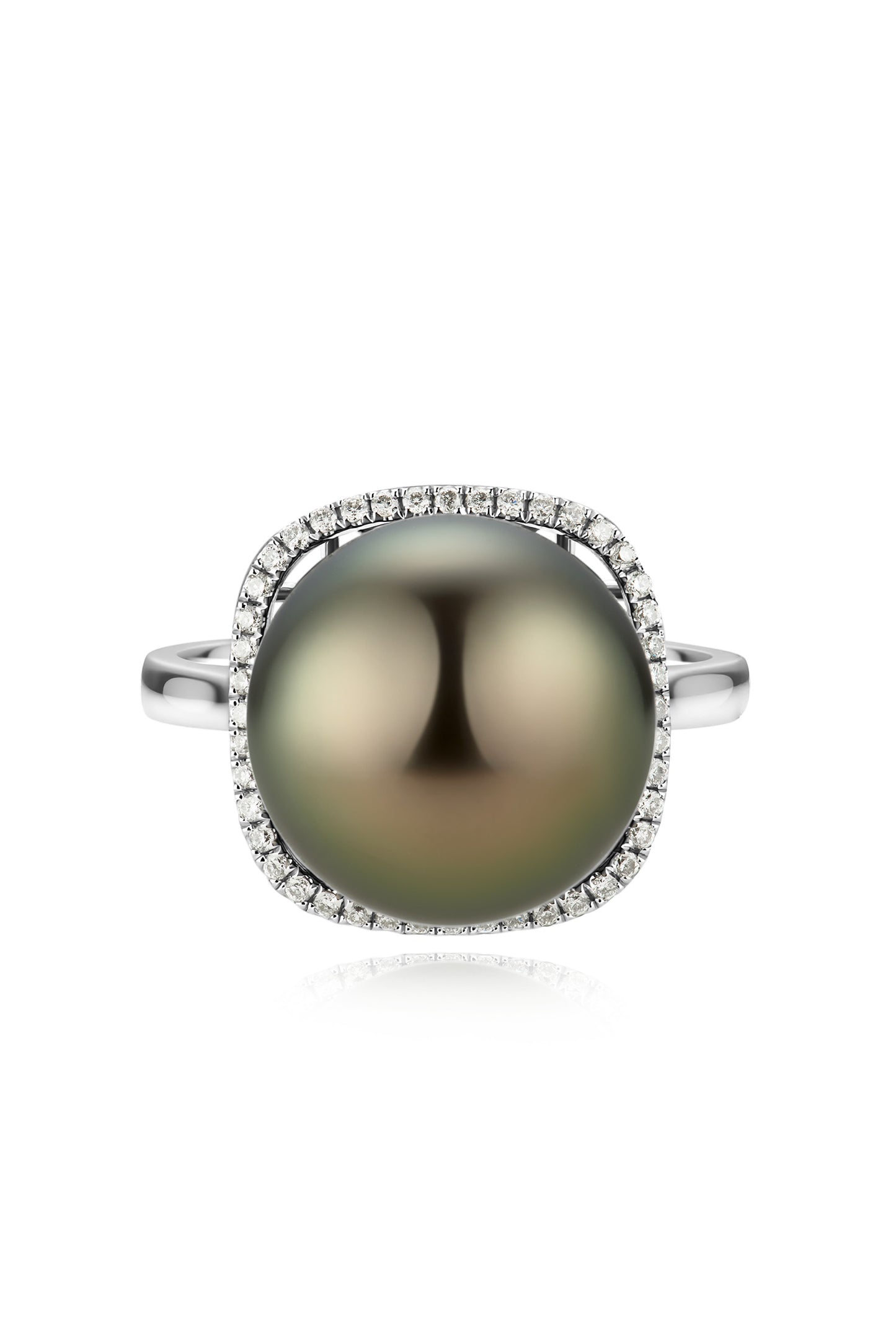 9K anillo de oro blanco, con perla de Tahití de 14 mm y 36 brillantes diamantes