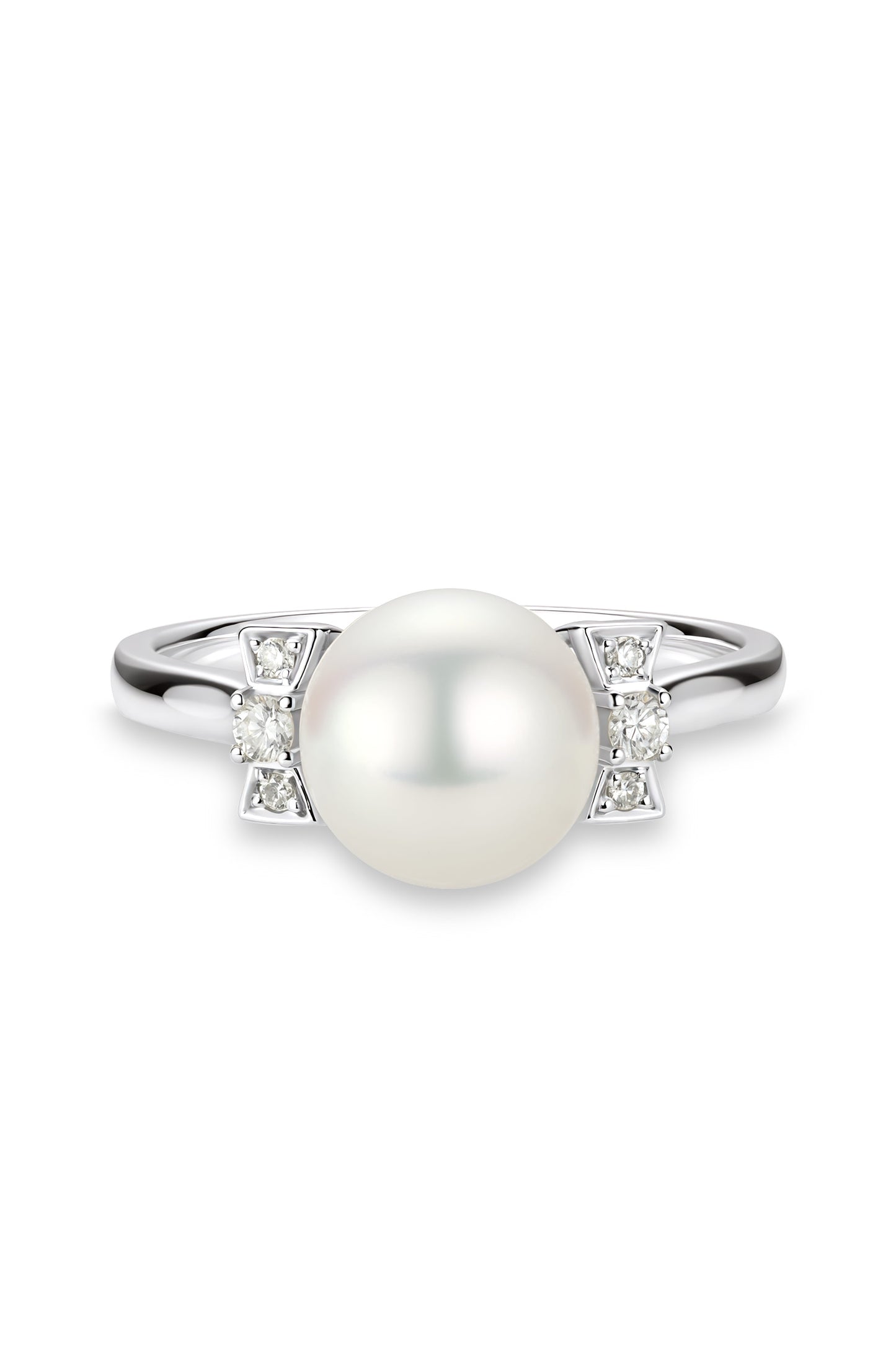 9K anillo de oro blanco, con perla Akoya de 3,7 mm y 6 brillantes diamantes