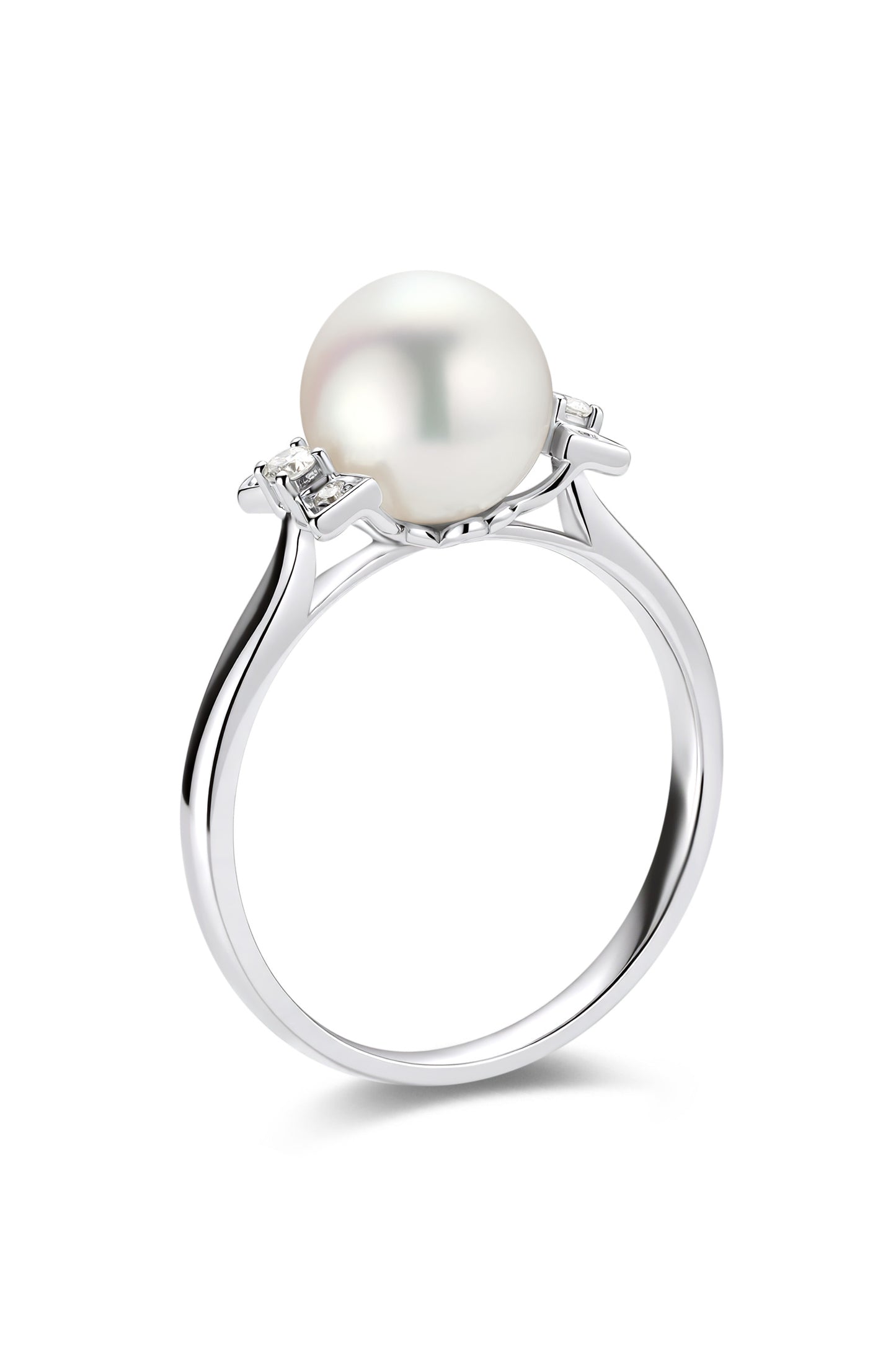 9K anillo de oro blanco, con perla Akoya de 3,7 mm y 6 brillantes diamantes