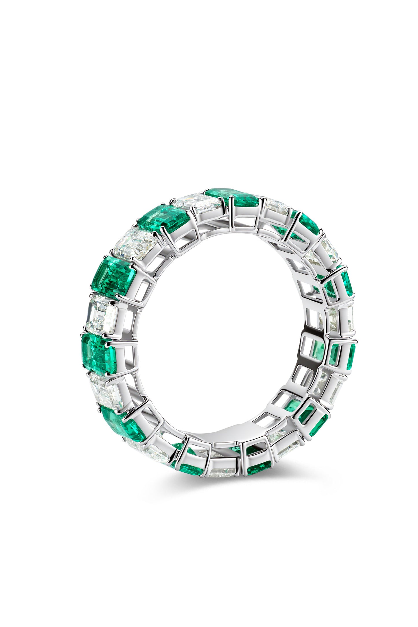 9K anillo color oro blanco, con 11 esmeraldas y 11 diamantes cultivados