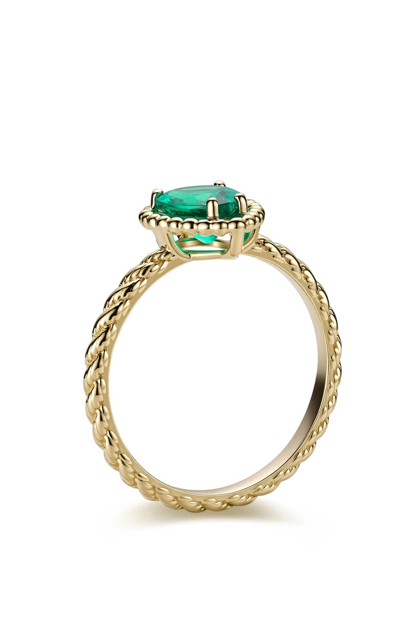 9K anillo color oro amarillo, con 1 esmeralda cultivada incrustada