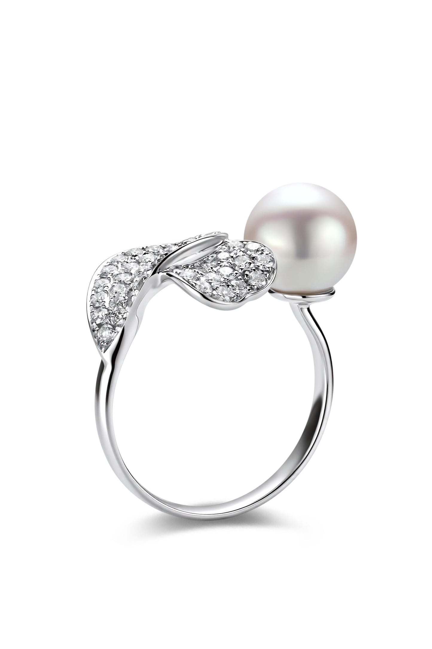 9K anillo de oro blanco, con perla Akoya de 3,9 mm y 56 brillantes diamantes