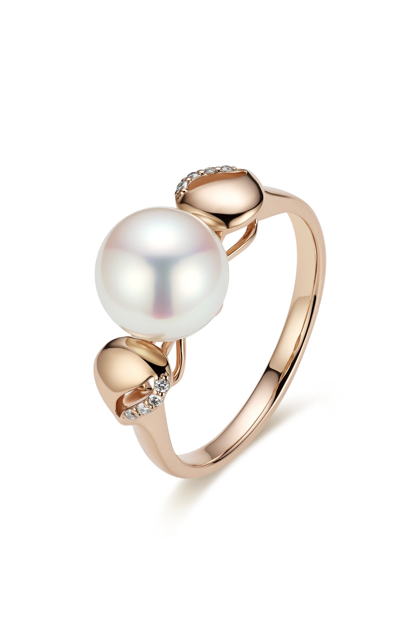 9K anillo de oro blanco, con perla Akoya de 3,8 mm y 8 brillantes diamantes
