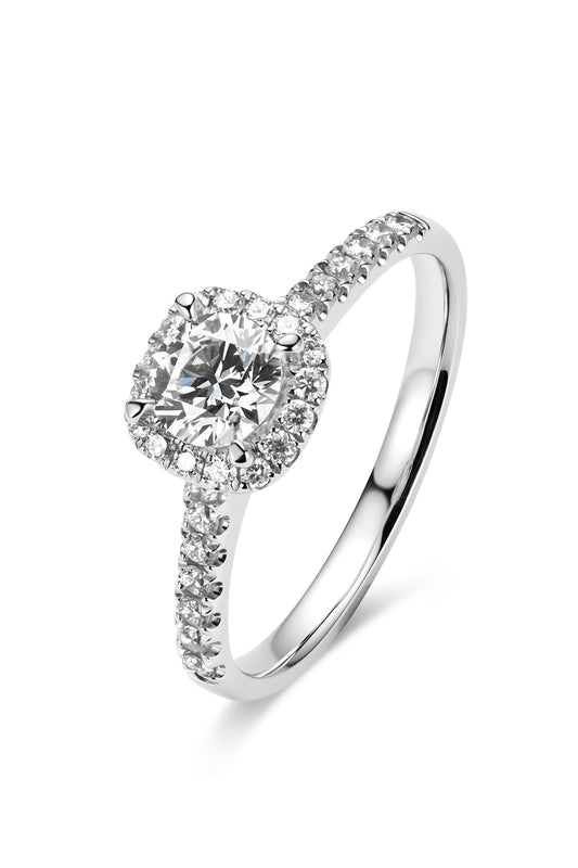 9K anillo de diamante estilo halo color oro blanco, con 1 diamante de 0.58 quilates y 30 diamantes cultivados de 0.095 quilates