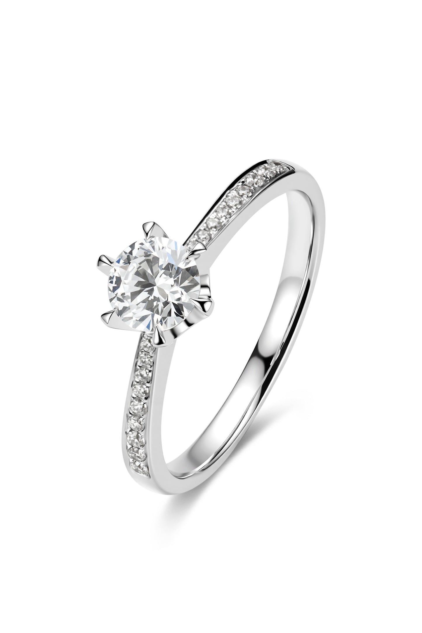 9K anillo de diamante color oro blanco, con 1 diamante de 0.549 quilates y 18 diamantes cultivados de 0.095 quilates