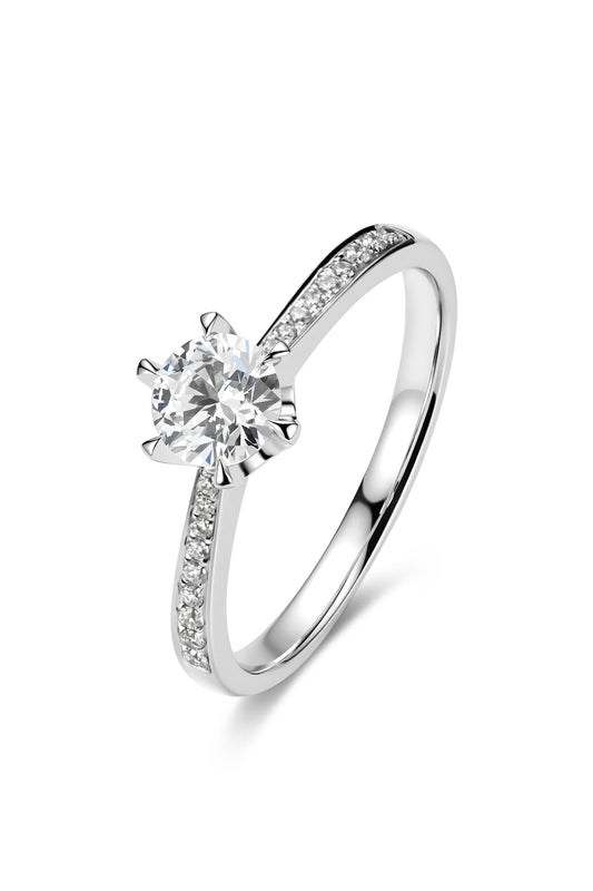 9K anillo de diamante color oro blanco, con 1 diamante de 0.549 quilates y 18 diamantes cultivados de 0.095 quilates