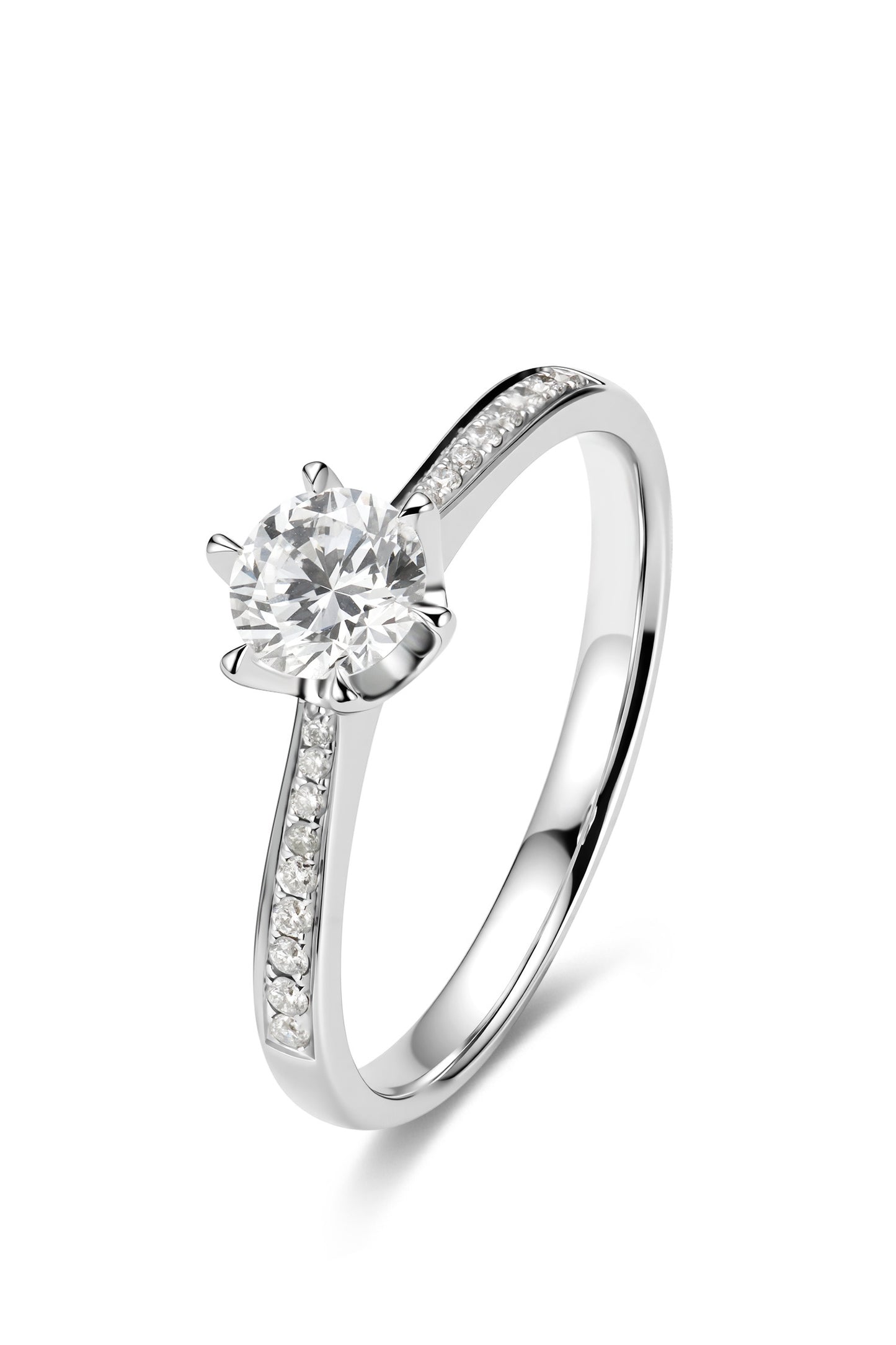9K anillo de diamante color oro blanco, con 1 diamante de 0.526 quilates y 18 diamantes cultivados de 0.095 quilates