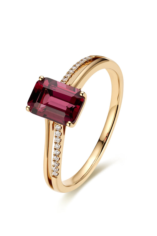 18K anillo de turmalina en oro rosa, con 1 turmalina roja y 23 diamantes brillantes