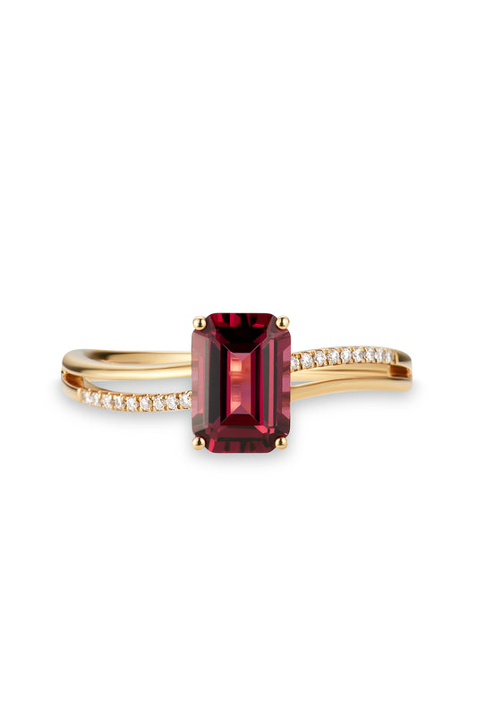 18K anillo de turmalina en oro rosa, con 1 turmalina roja y 23 diamantes brillantes