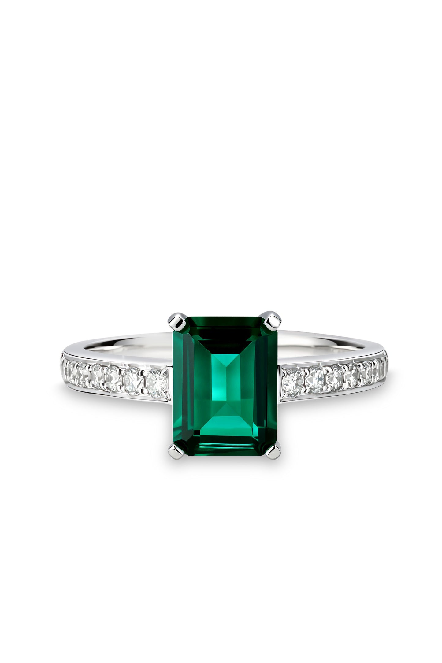 9K anillo color oro blanco, con 1 esmeralda cultivada y 16 diamantes cultivados