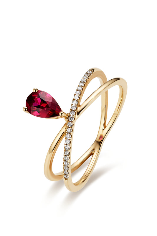 18K anillo de granate en oro rosa, con 1 granate rojo y 18 diamantes brillantes