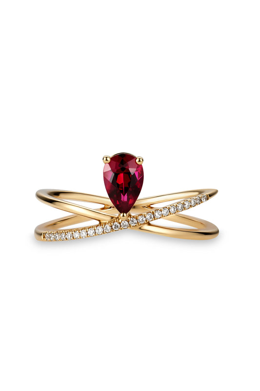 18K anillo de granate en oro rosa, con 1 granate rojo y 18 diamantes brillantes