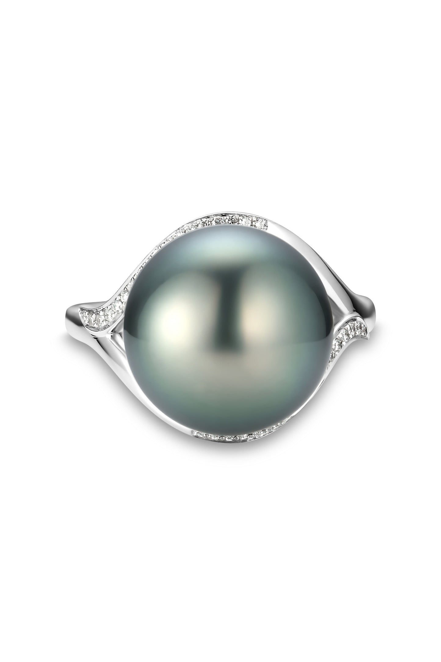 9K anillo de oro blanco, con perla de Tahití de 11,8 mm y 44 brillantes diamantes