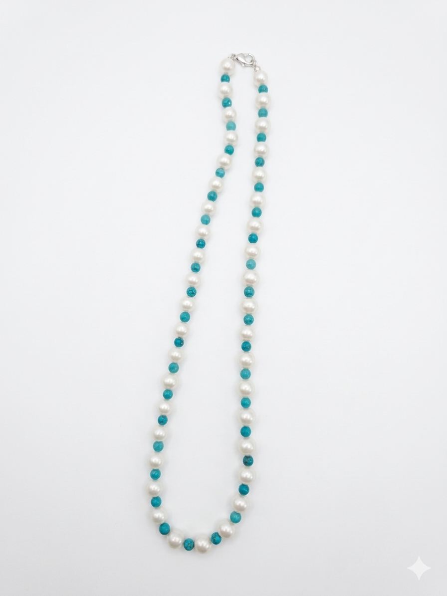 S925 collar tejido a mano en plata, con perla de agua dulce de 4,5 mm y turquesa