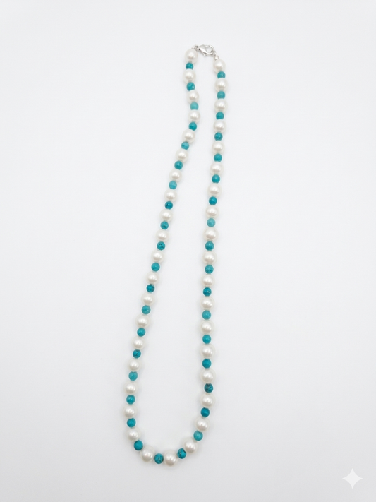 S925 collar tejido a mano en plata, con perla de agua dulce de 4,5 mm y turquesa