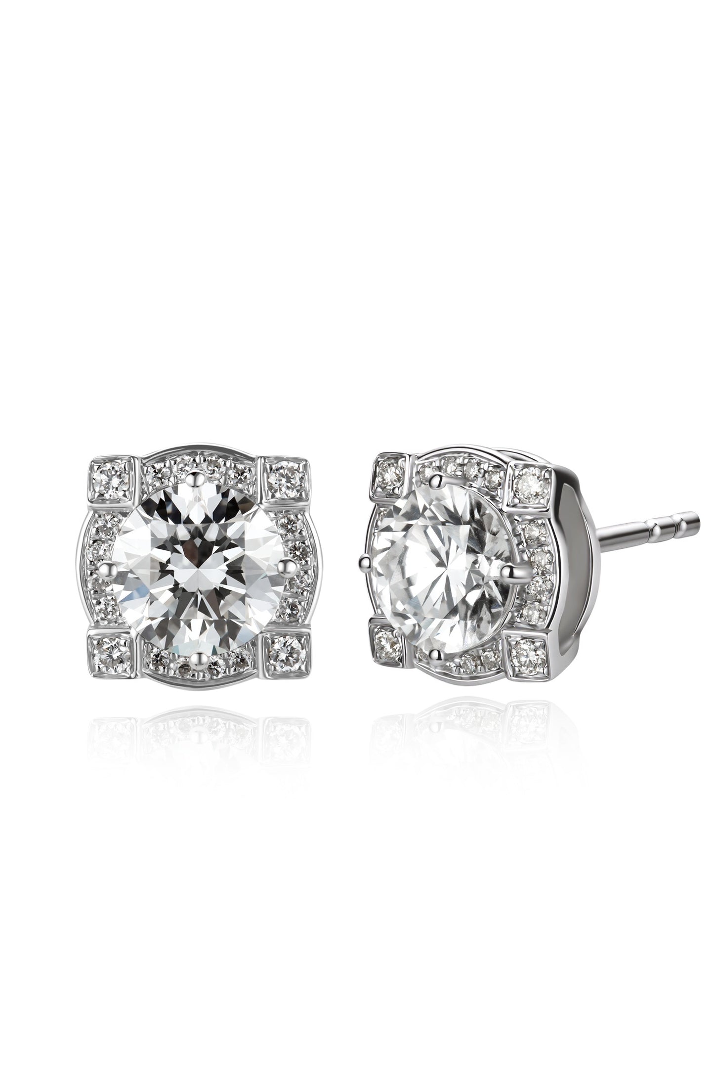 18K pendientes de diamante estilo halo color oro blanco, con 2 diamantes de 1.07 quilates y 40 diamantes cultivados