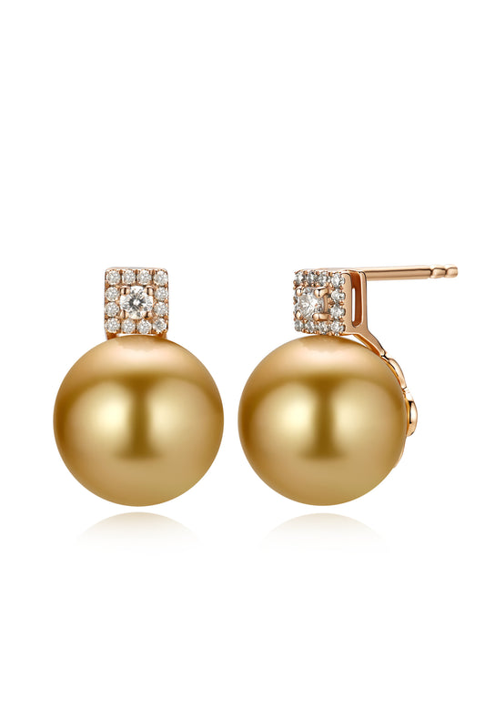9K pendientes de oro blanco, con 2 perlas del Mar del Sur doradas de 6,2 mm y 26 brillantes diamantes