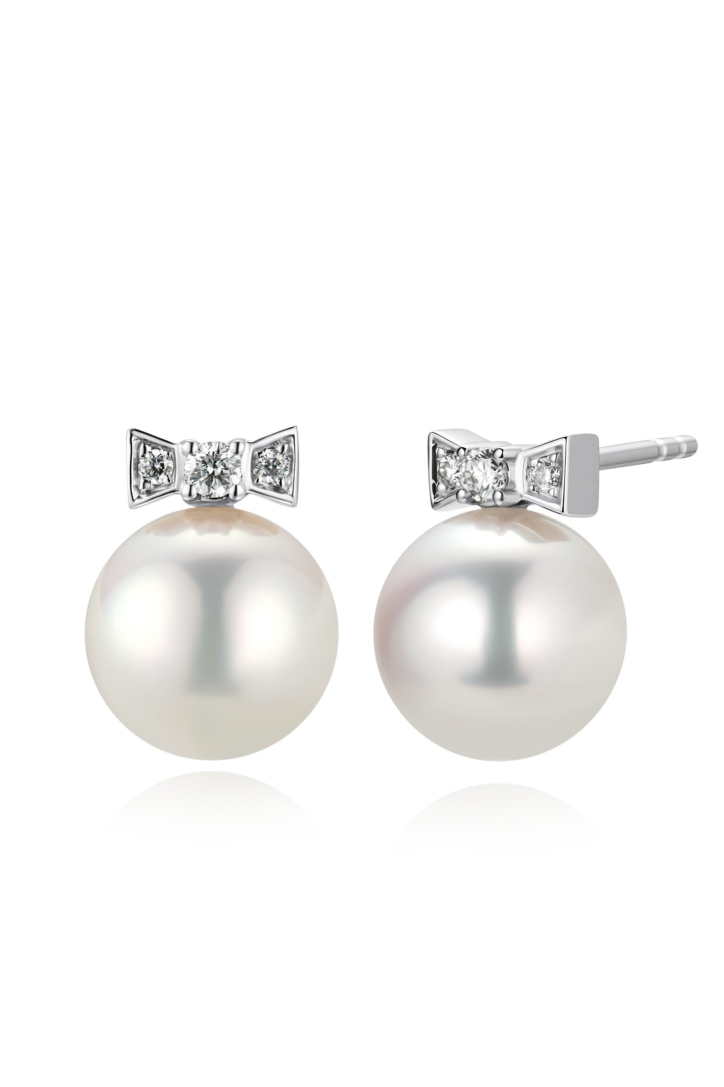 9K pendientes de oro blanco, con 2 perlas Akoya de 3,8 mm y 6 brillantes diamantes