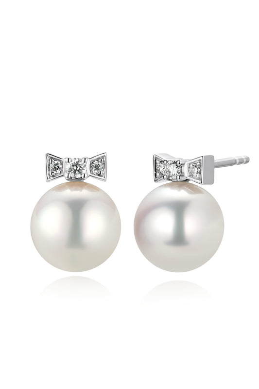 9K pendientes de oro blanco, con 2 perlas Akoya de 3,8 mm y 6 brillantes diamantes