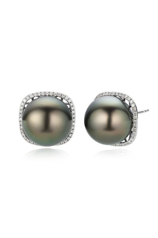 9K pendientes de oro blanco, con 2 perlas de Tahití de 11,2 mm y 88 brillantes diamantes