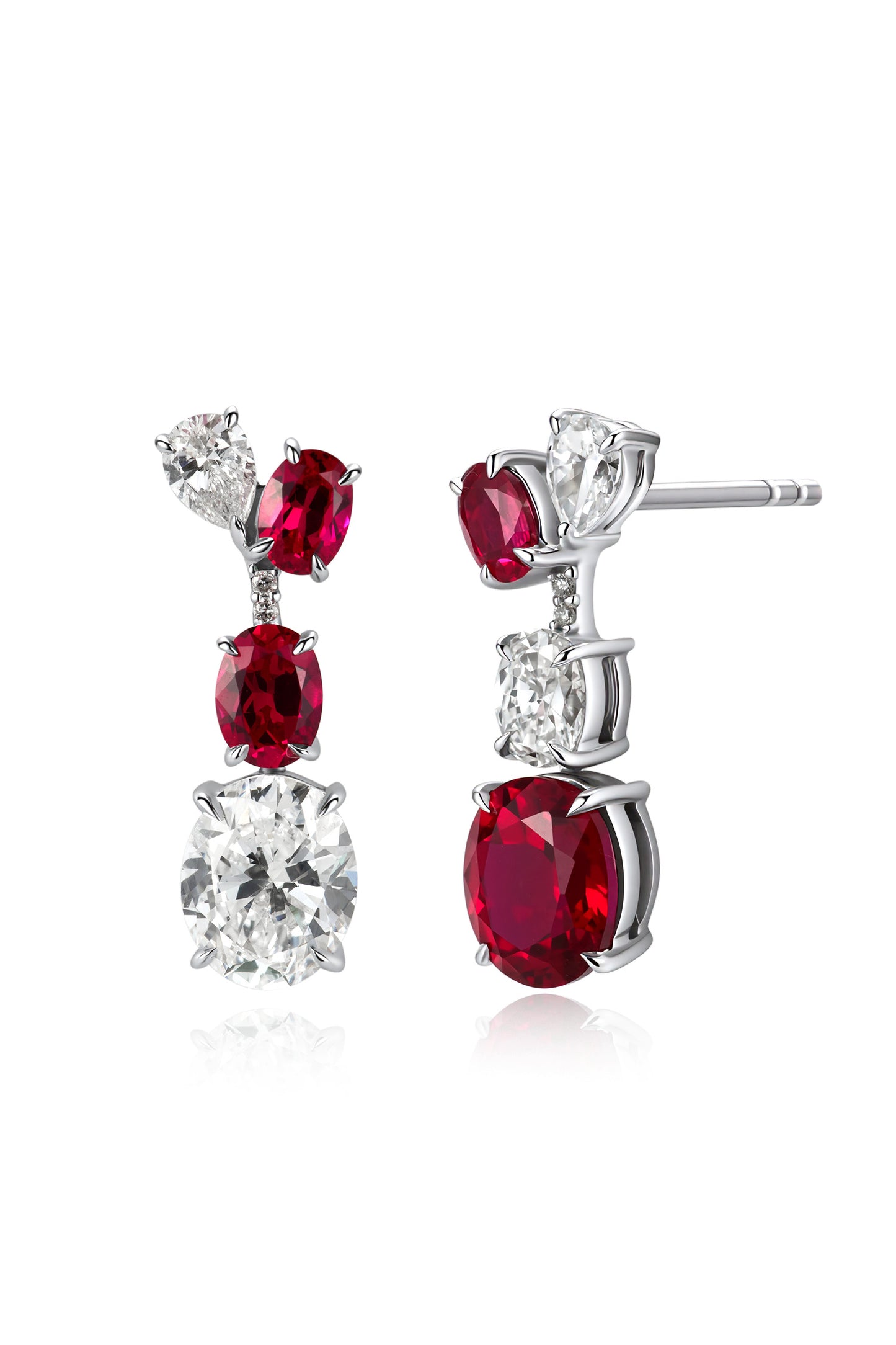 9K pendientes de color oro blanco, engastados con 4 rubíes cultivados y 8 diamantes cultivados.
