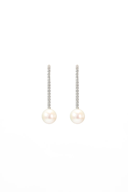 S925 pendientes estilo cadena corto en plata, con 2 perlas blancas de agua dulce de 10 mm incrustadas