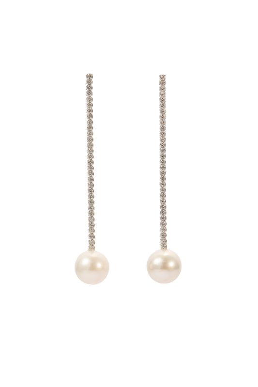 S925 pendientes estilo cadena larga en plata, con 2 perlas blancas de agua dulce de 10 mm incrustadas