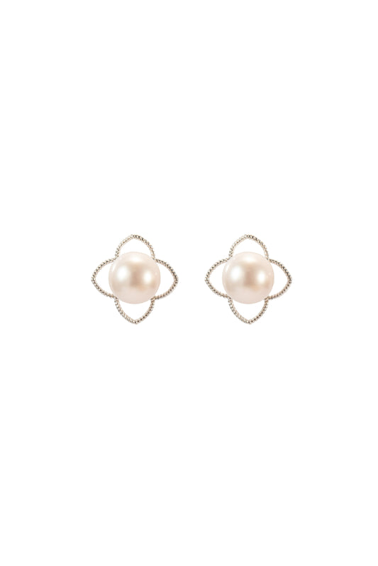 S925 pendientes estilo flor en plata, con 2 perlas blancas de agua dulce de 7 mm incrustadas