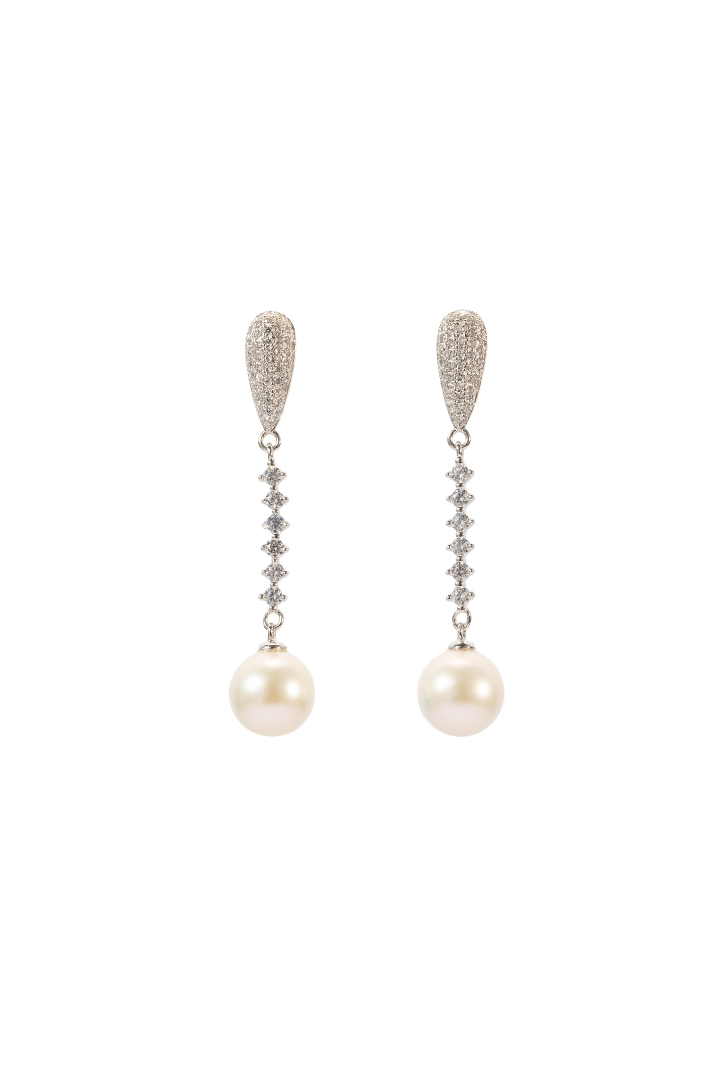 S925 pendientes estilo cadena corta con piedra en forma de lágrima en plata, con 2 perlas blancas de agua dulce de 9 mm incrustadas