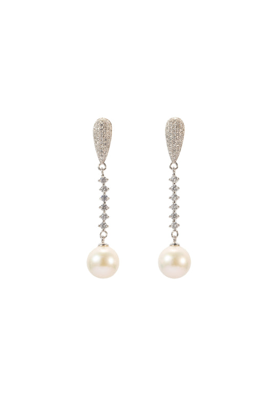 S925 pendientes estilo cadena corta con piedra en forma de lágrima en plata, con 2 perlas blancas de agua dulce de 9 mm incrustadas