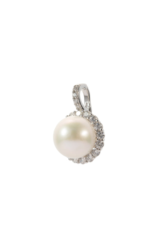 S925 colgante estilo círculo con circonitas en plata, con 2 perlas blancas de agua dulce de 12 mm incrustadas