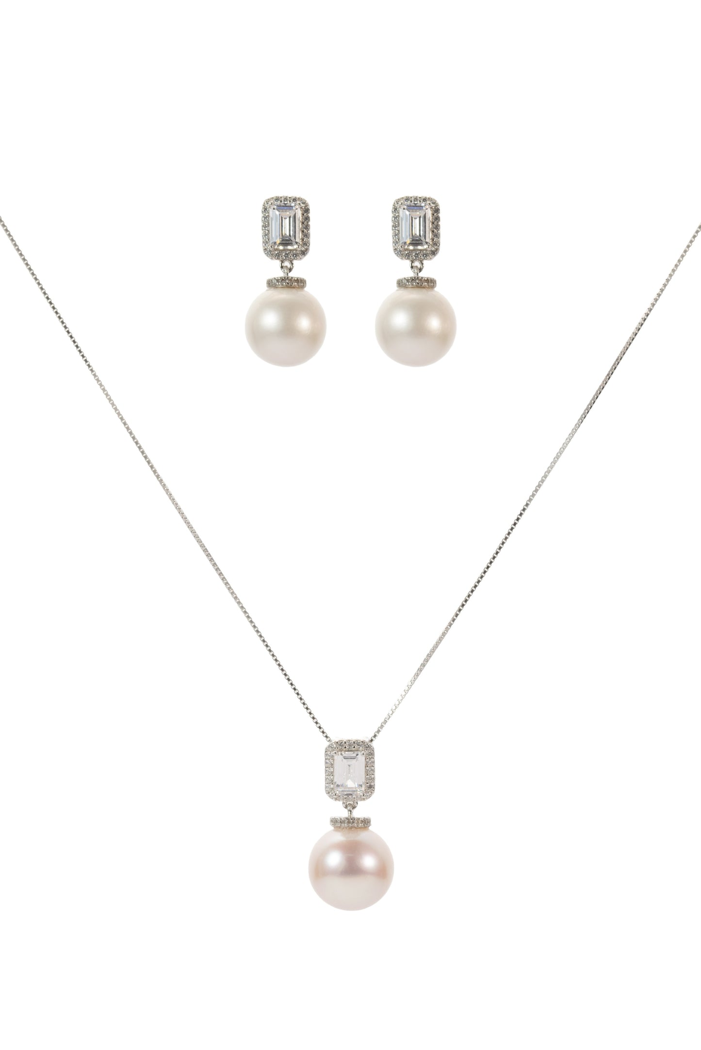 S925 conjunto collar estilo cubo en plata, con 3 perlas blancas de agua dulce de 11 mm incrustadas