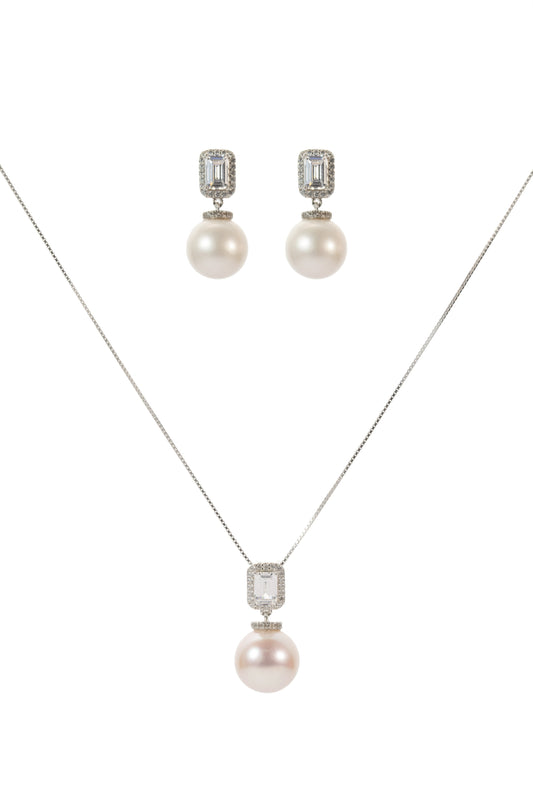 S925 conjunto collar estilo cubo en plata, con 3 perlas blancas de agua dulce de 11 mm incrustadas