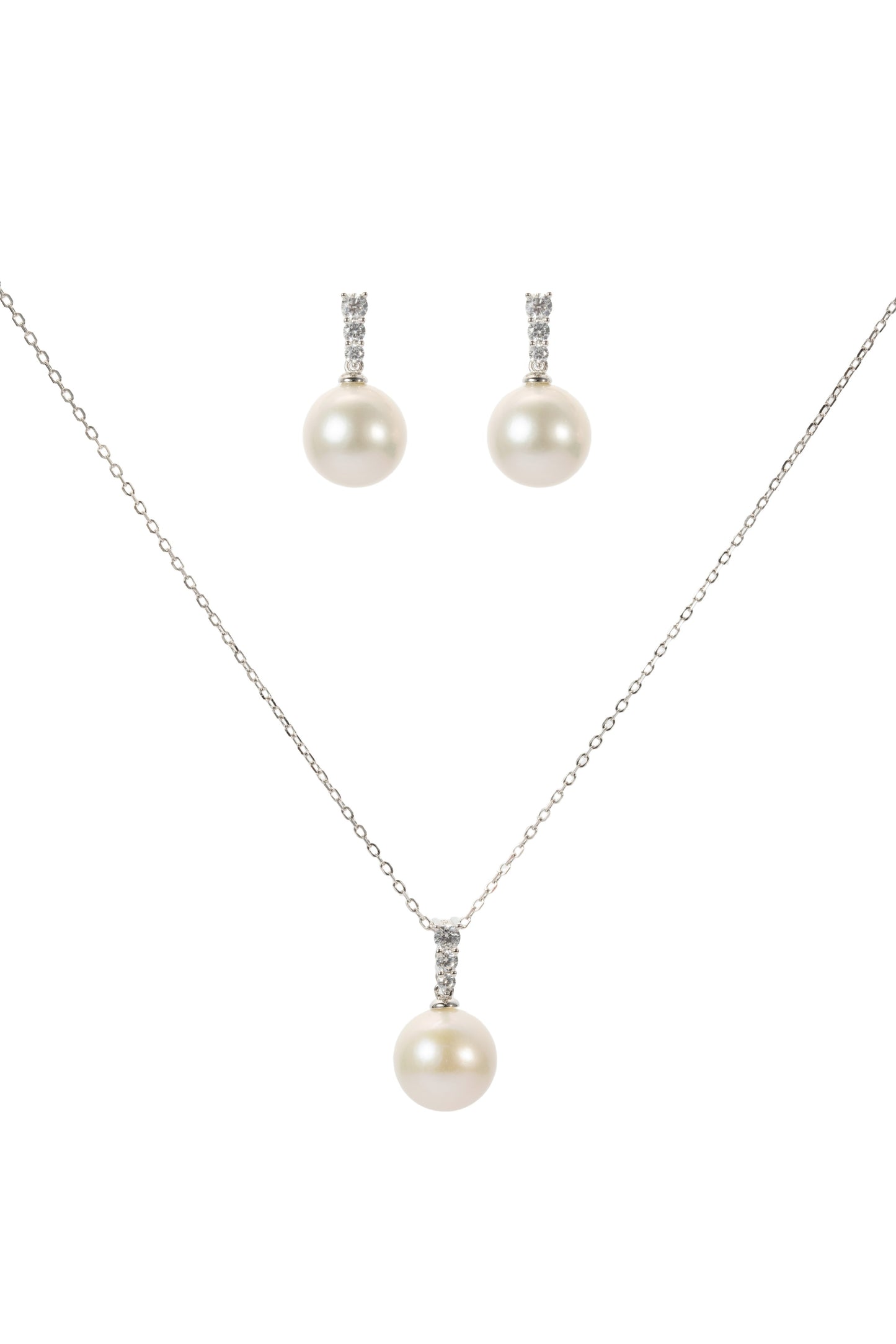 S925 conjunto pendientes estilo tres circonitas en plata, con 3 perlas blancas de agua dulce de 11 mm incrustadas