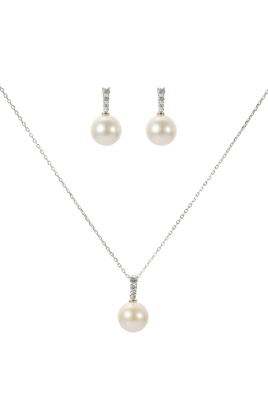 S925 conjunto collar estilo tres circonitas en plata, con 3 perlas blancas de agua dulce de 11 mm incrustadas