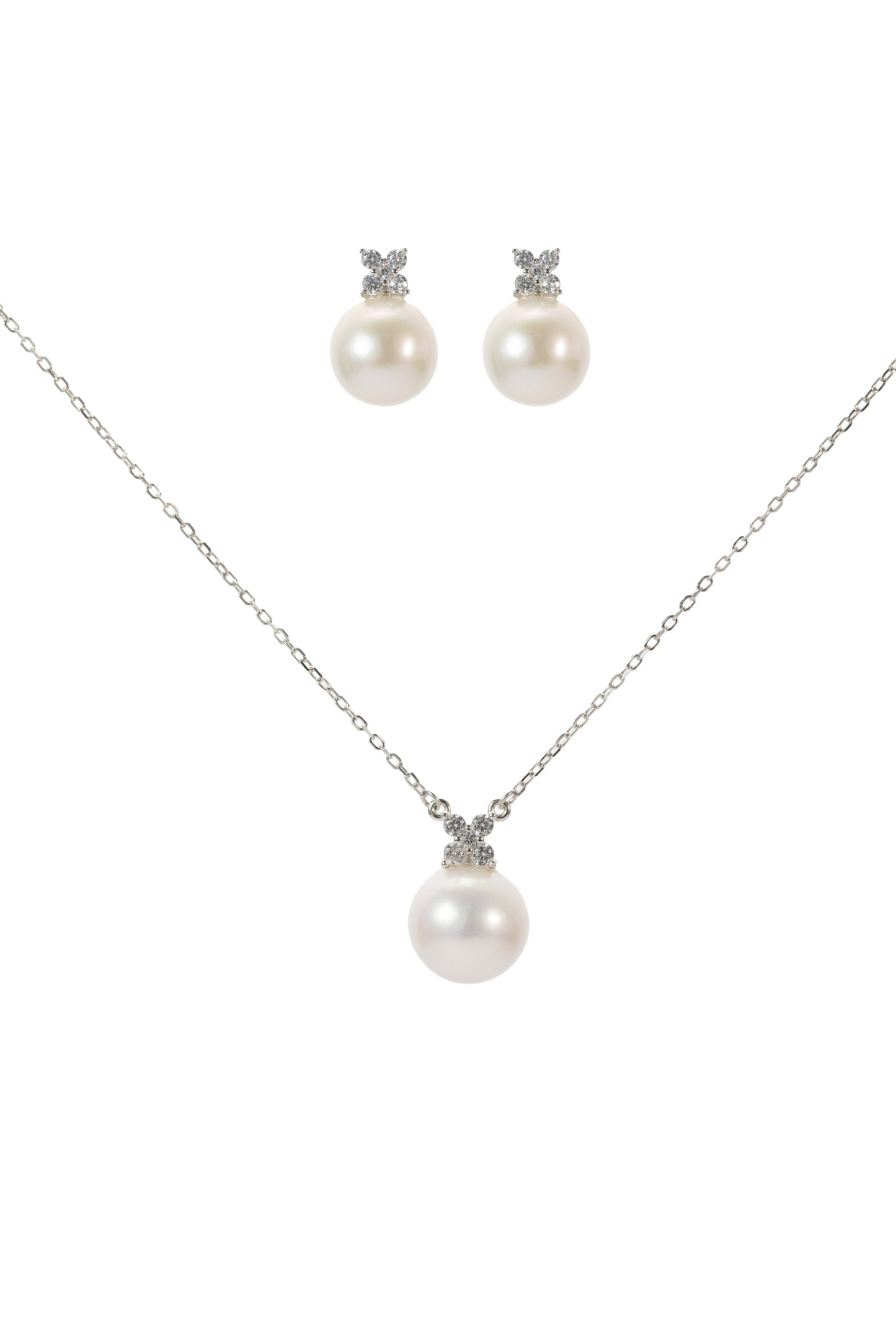 S925 conjunto pendientes estilo trébol de cuatro hojas en plata, con 3 perlas blancas de agua dulce de 10.5 mm incrustadas