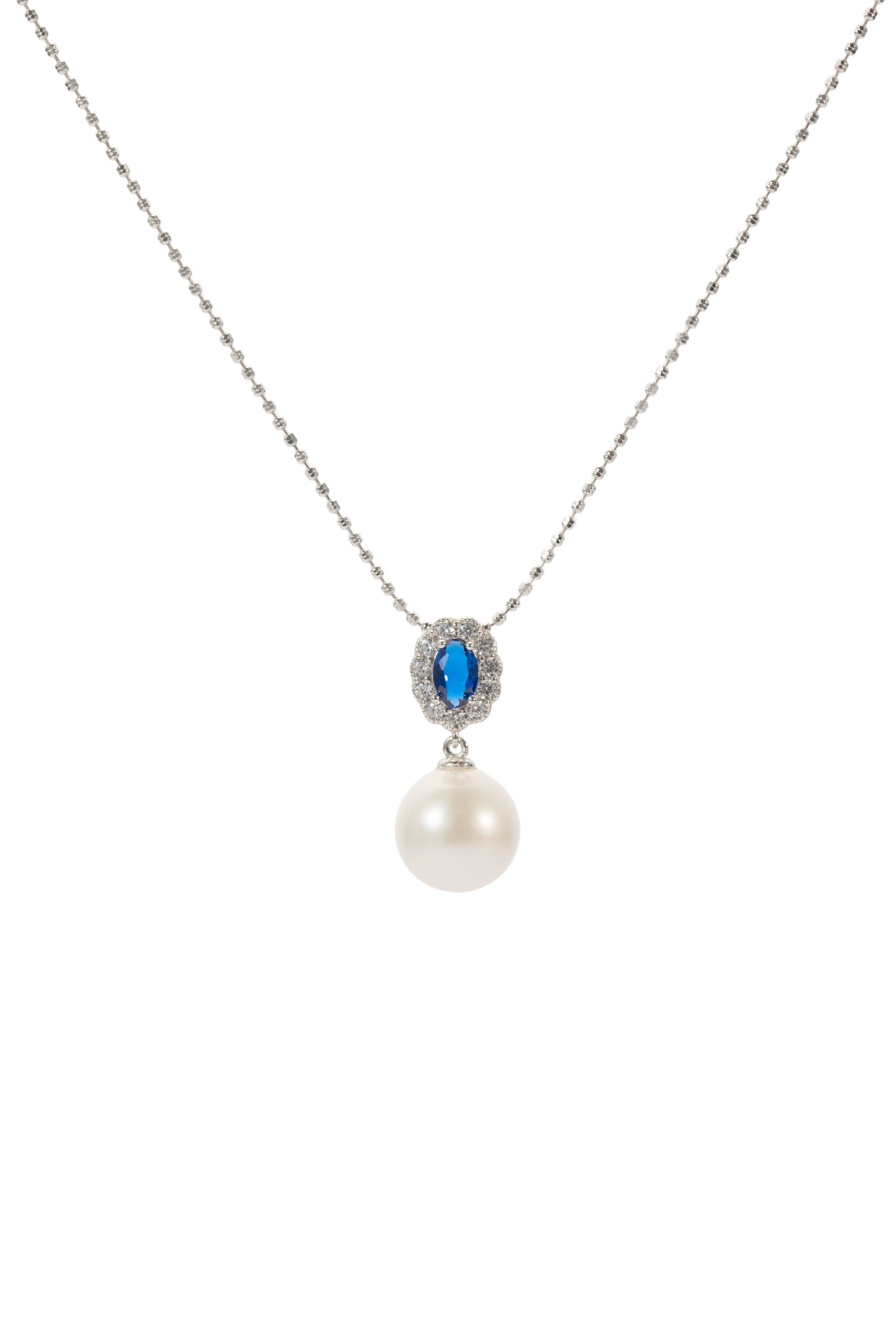 S925 conjunto collar estilo zafiro en plata, con 3 perlas blancas de agua dulce de 11 mm incrustadas