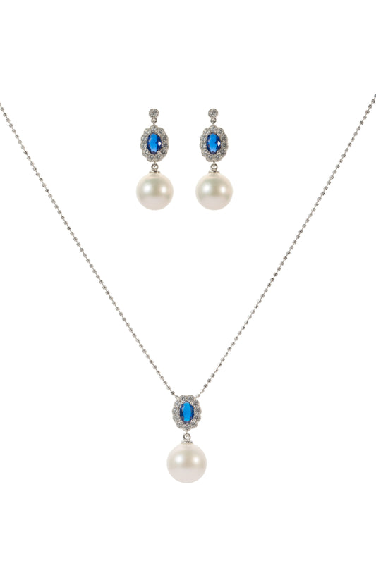 S925 conjunto pendientes estilo zafiro en plata, con 3 perlas blancas de agua dulce de 11 mm incrustadas