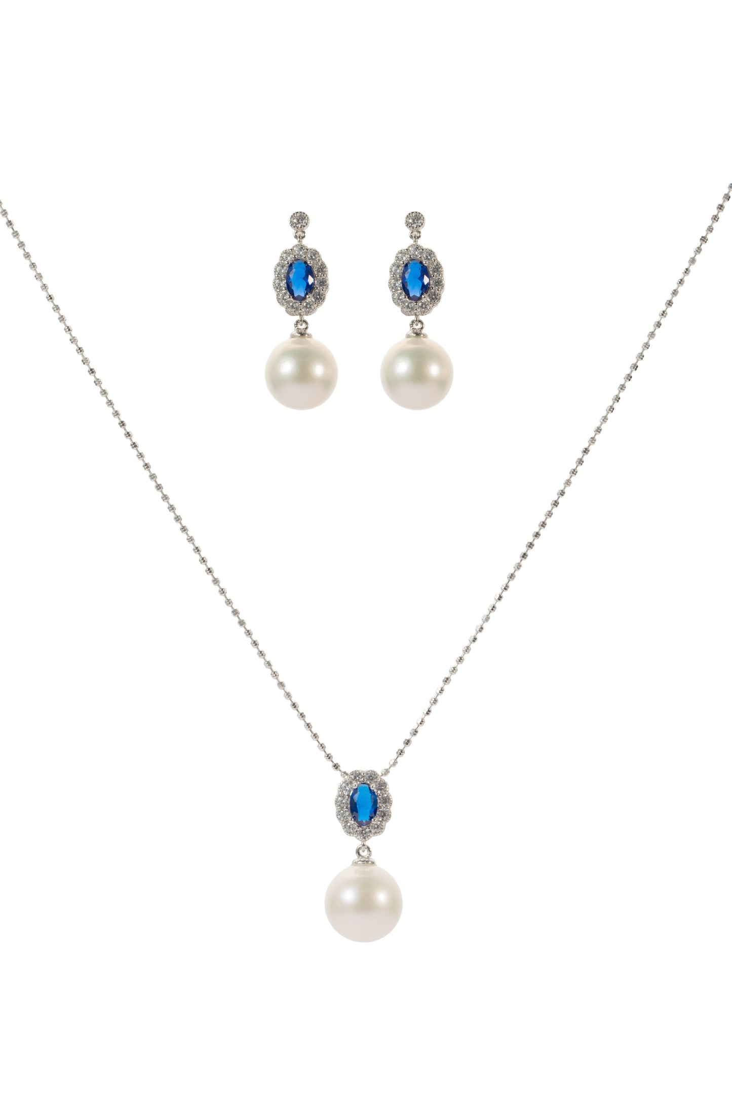 S925 conjunto collar estilo zafiro en plata, con 3 perlas blancas de agua dulce de 11 mm incrustadas