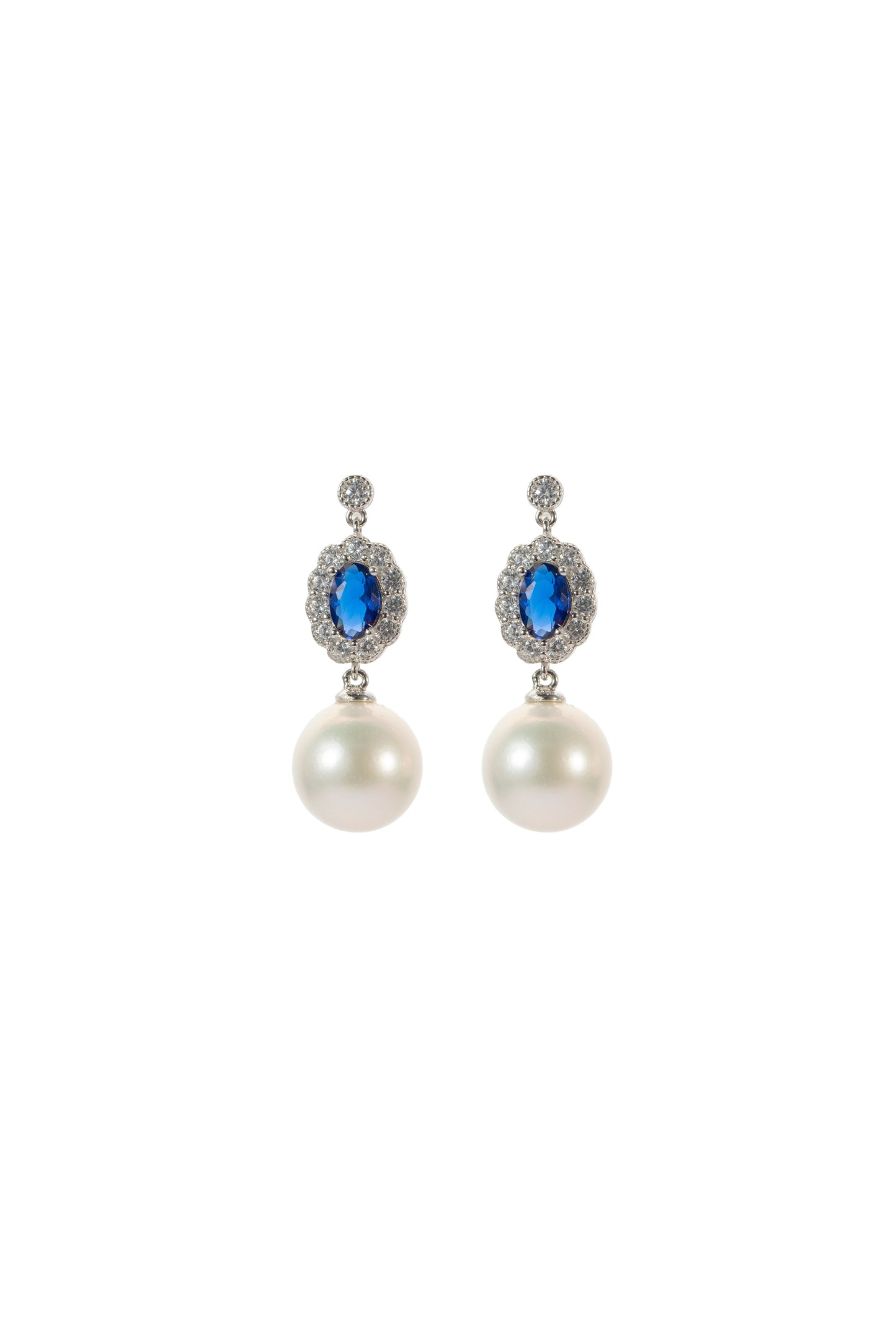 S925 conjunto pendientes estilo zafiro en plata, con 3 perlas blancas de agua dulce de 11 mm incrustadas