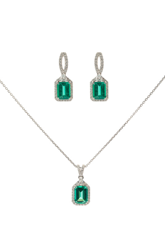 9K conjunto collar color oro blanco, con 3 esmeralda cultivada incrustada