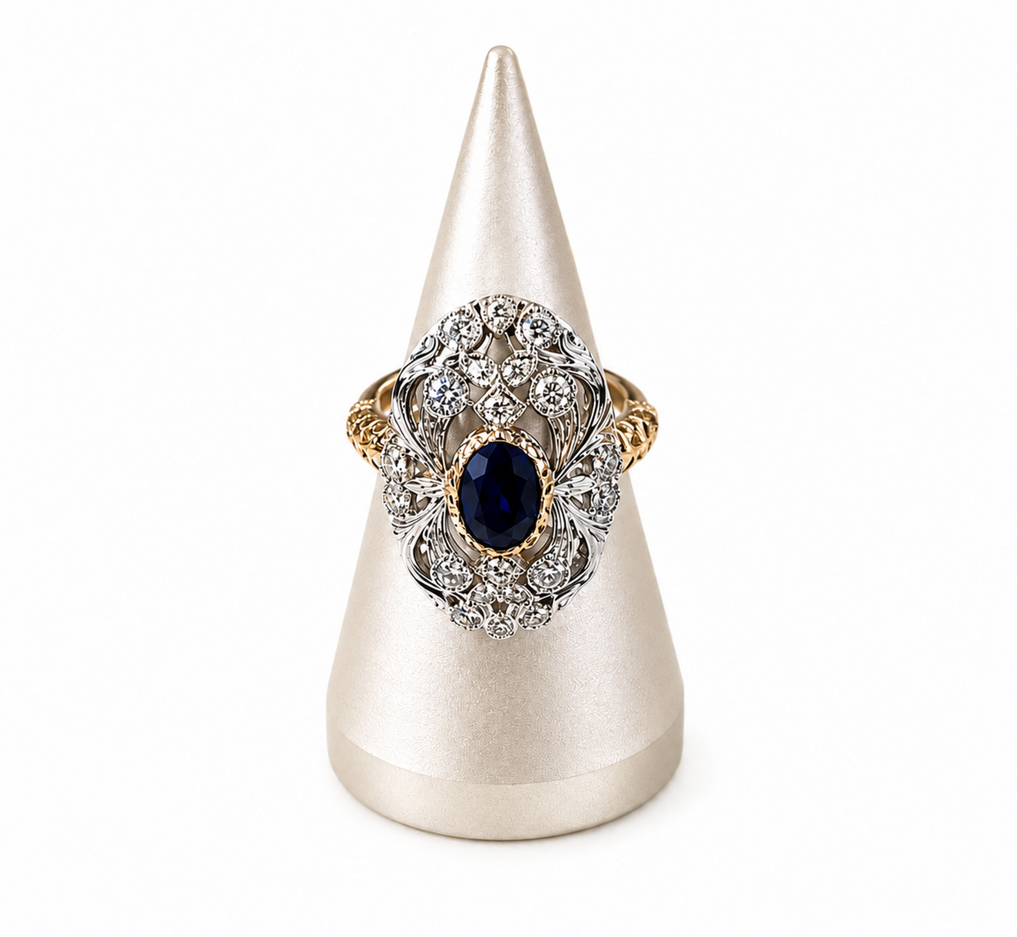 9K anillo color amarillo y color blanco, con 1 zafiro cultivados