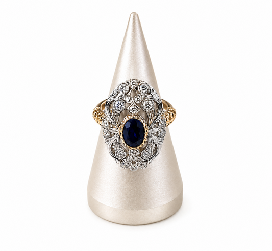9K anillo color amarillo y color blanco, con 1 zafiro cultivados